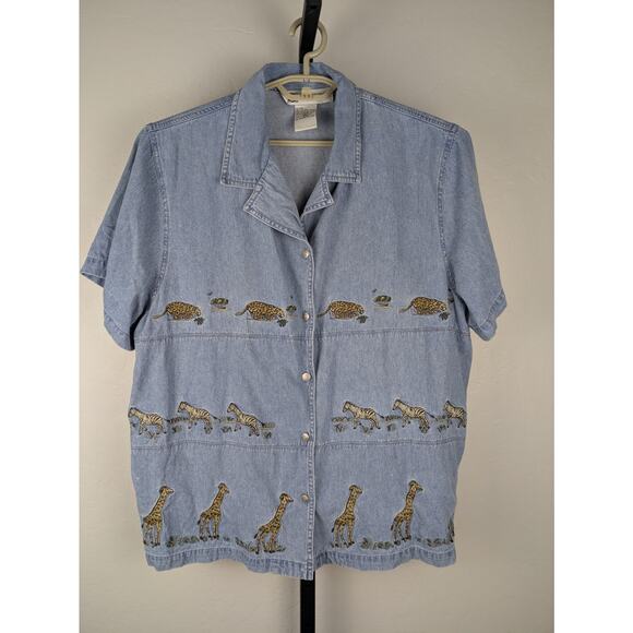 Vintage Studio Collection short sleeve denim shirt zebra giraffe leopard - Picture 1 of 8